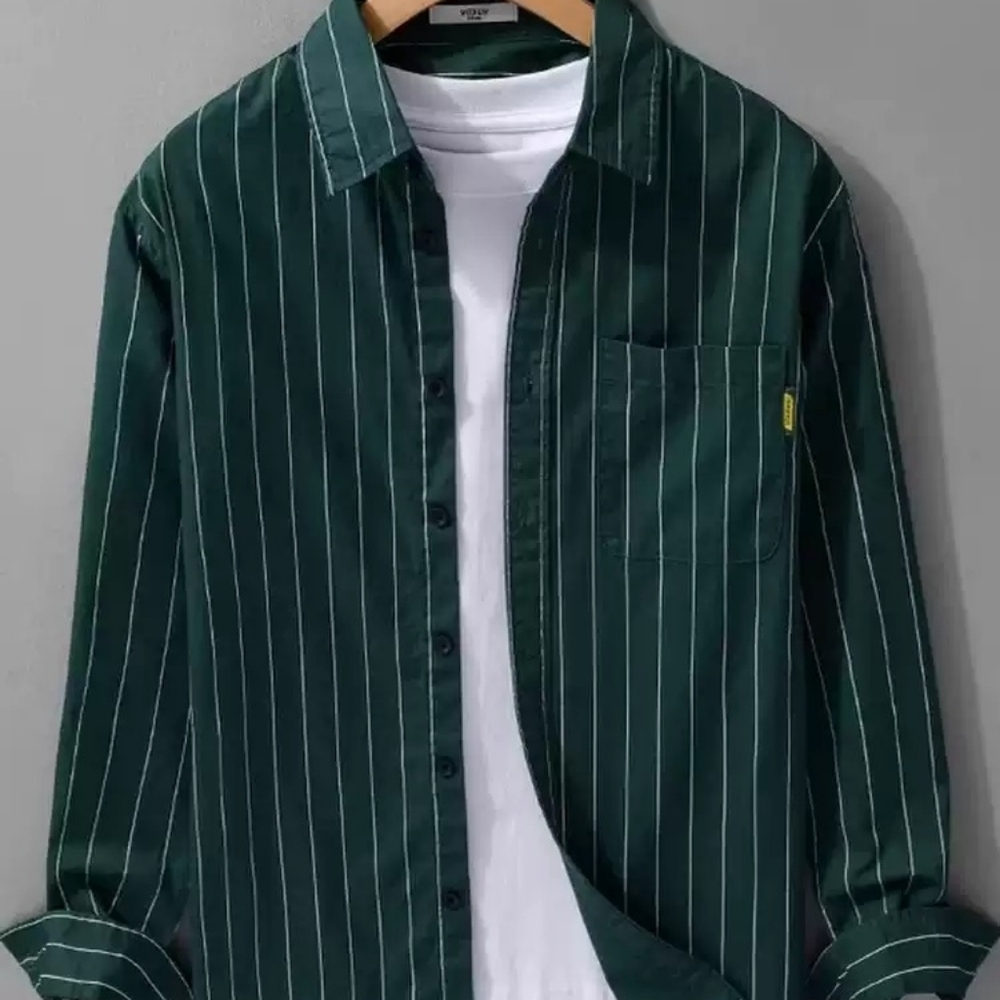 Dark Green Pinstripe Casual Shirt